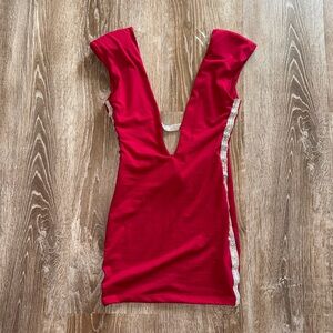 Vintage Y2K Red Deep V-Neck Dress with Silver Accents